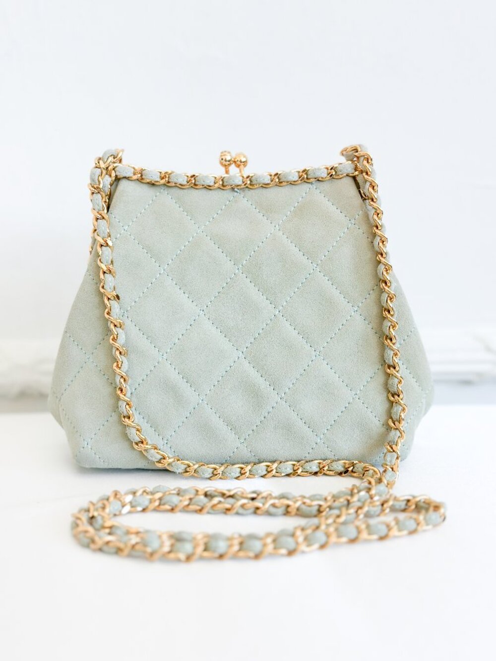 Vintage Chanel Quilted Suede Chain Frame Bag – Mint Green Kiss Lock Shoulder Bag